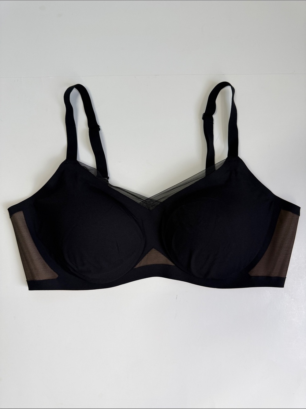 Wireless Black Mesh-Trim Bra with Adjustable Straps